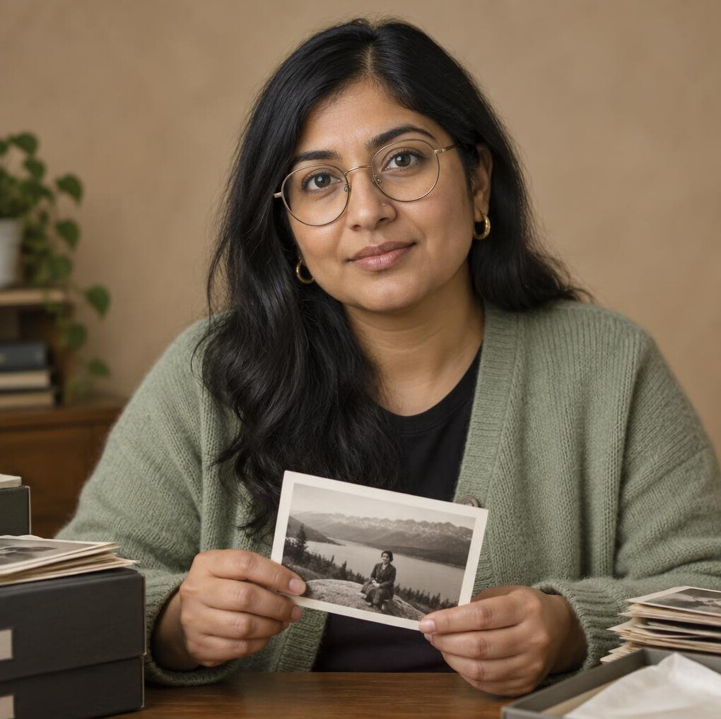 Portrait of a South Asian-Canadian woman editor and archivist against a warm neutral background