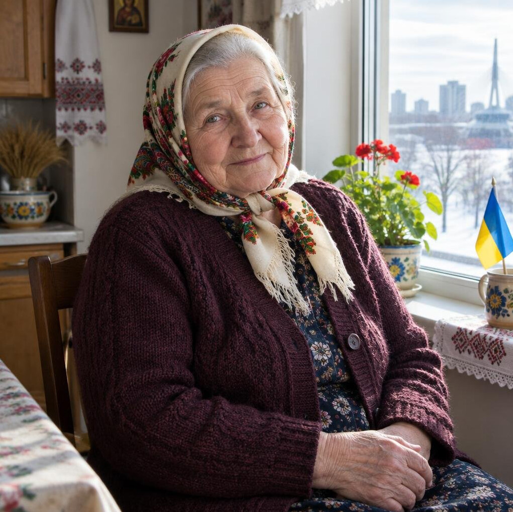 Portrait of an elderly Ukrainian-Canadian woman sitting by her kitchen window in Winnipeg