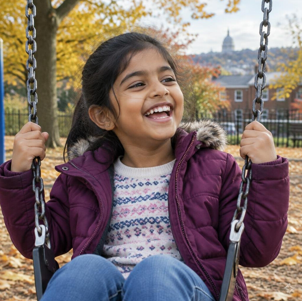 A young South Asian-Canadian child laughing while playing in a Montreal neighbourhood park
