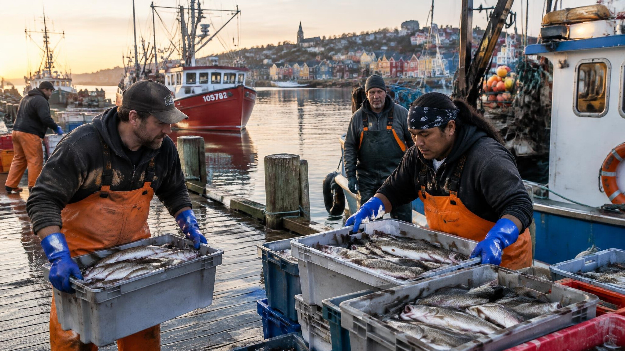 Fishermen unloading the morning catch on a wooden dock in Lunenburg, Nova Scotia