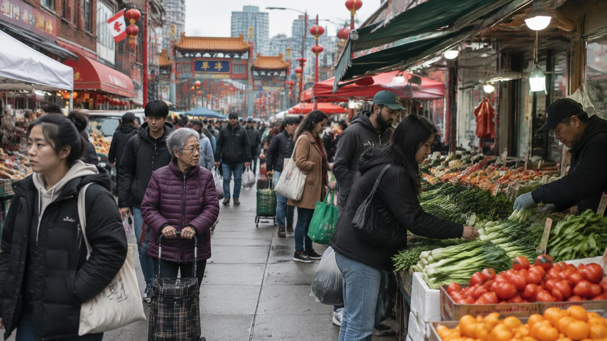 Vendors and shoppers among colorful produce stalls in a Vancouver Chinatown market
